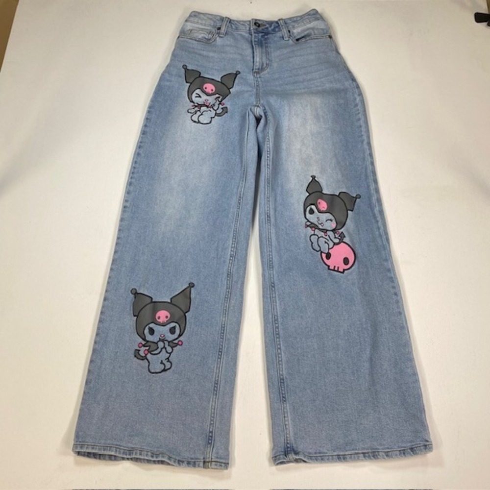 Sanrio Kuromi Wide Leg Jeans Light Wash Graphic Blue High Rise Size 5 READ DESC.